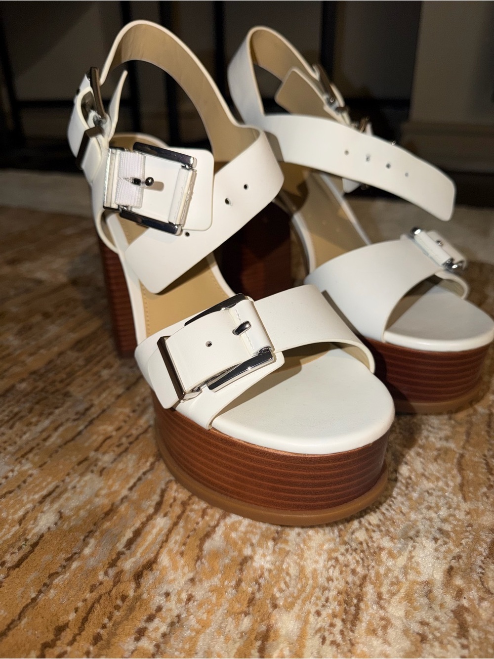 Michael Kors White Platform Buckle Sandals with Brown Stacked Heel